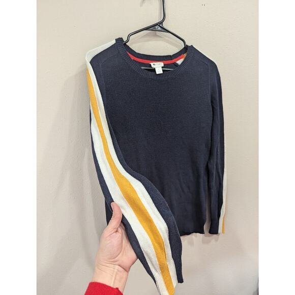 Sporty Navy women's sweater by Stylus w/sleeve stripe in cream & yellow, size M - Picture 2 of 8